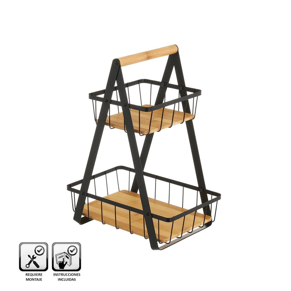 CESTA DUPLA METAL/BAMBÚ PRETO 30X20X40CM
