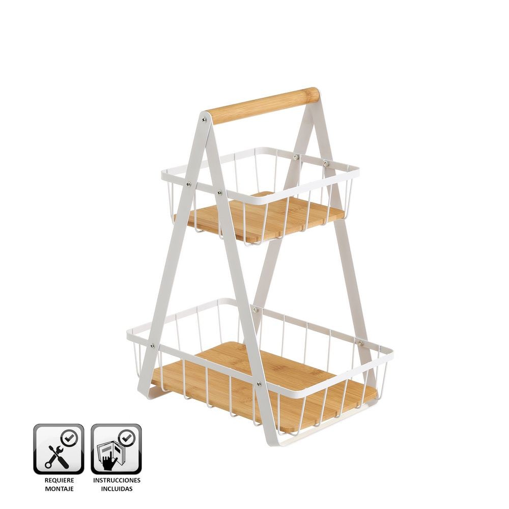 CESTA DUPLA METAL/BAMBÚ BRANCO 30X20X40CM