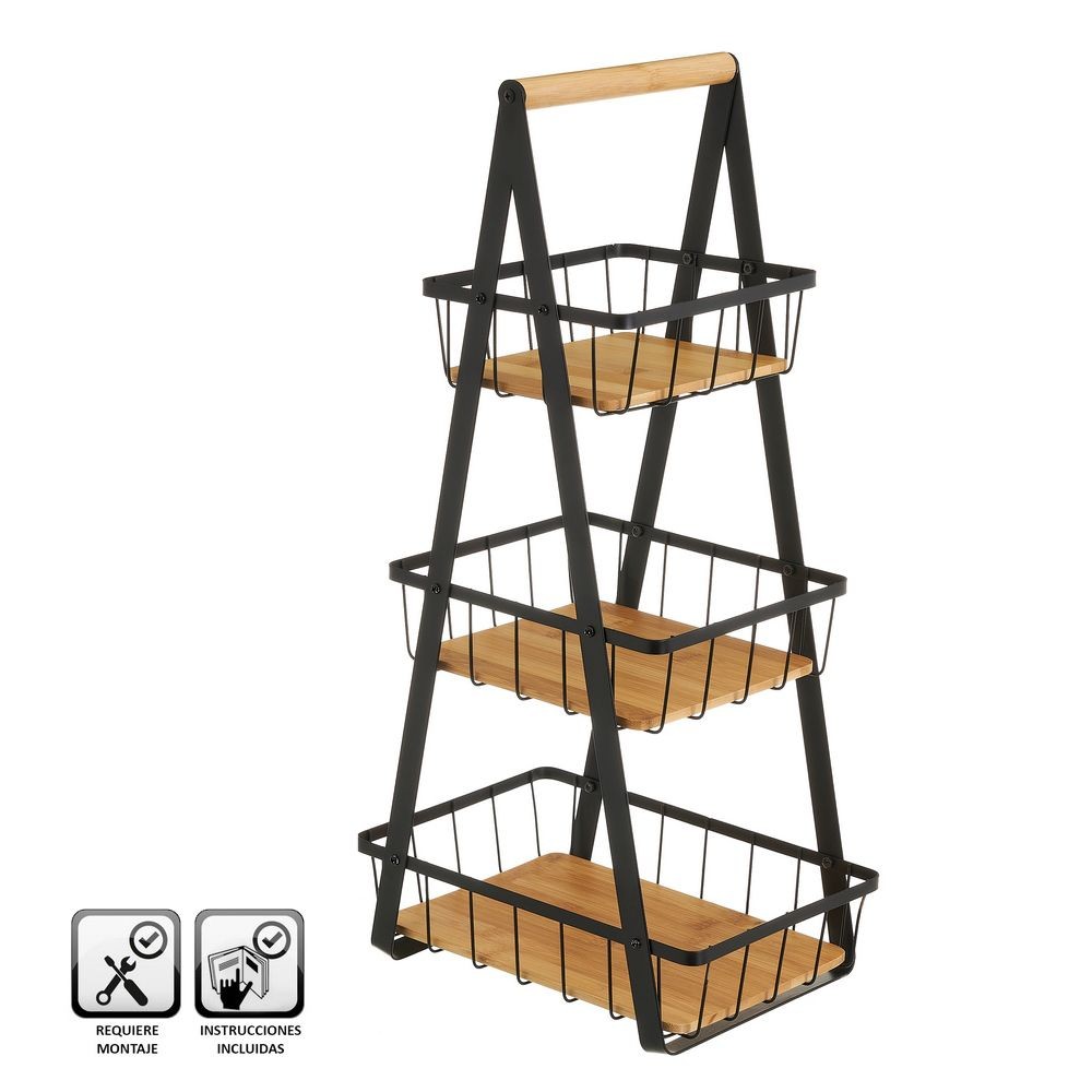 CESTA TRIPLA  METAL/BAMBU PRETO 30X20X60CM