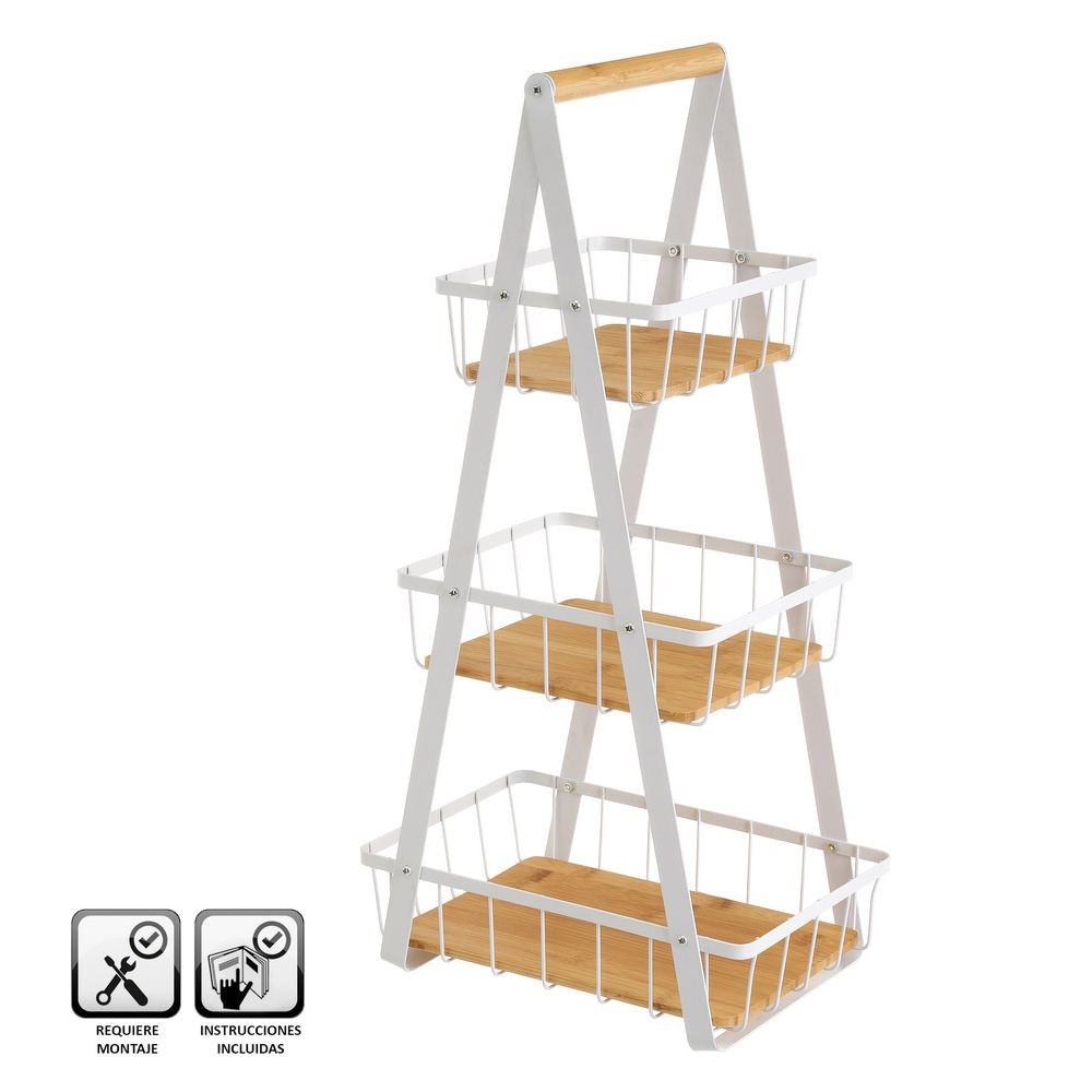 CESTA TRIPLA  METAL/BAMBU BRANCO 30X20X60CM